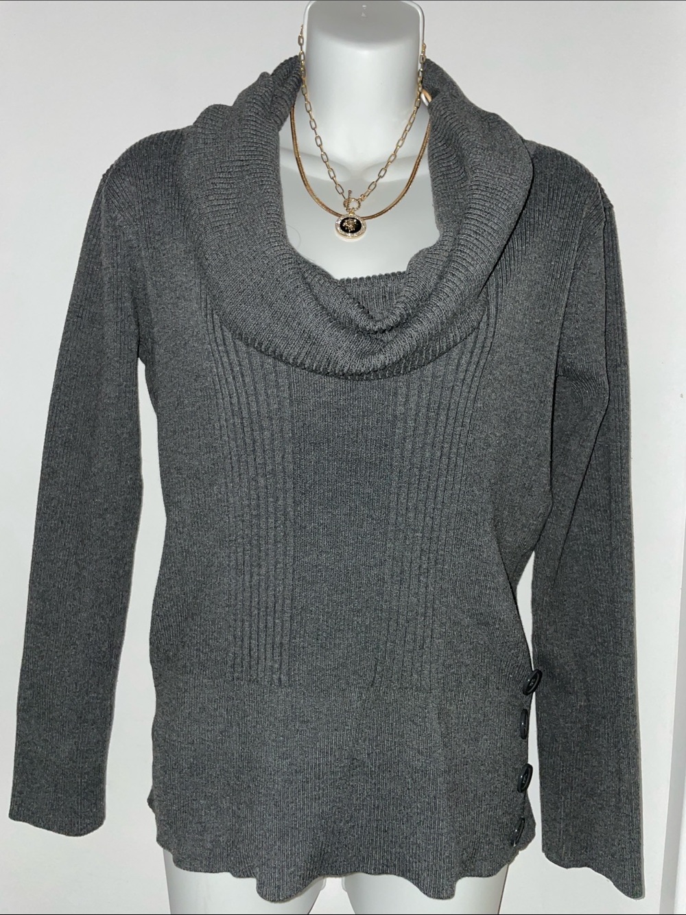 Say What? Gray Cowl Neck Ribbed Sweater with Side Buttons